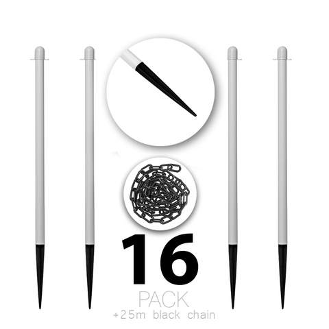 (16 Pack) Flexibarrier Poste con cadena con piquetas de suelo + 25 m de cadena – 107 cm