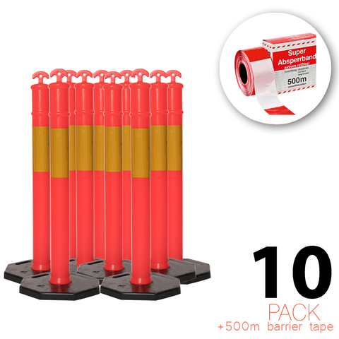 (10 Pack) Flexibarrier Bolardo T-Top con base + 500 m Cinta de balizamiento – 115 cm