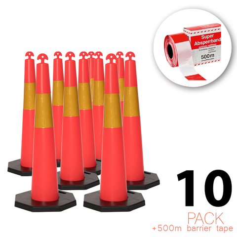 (10 Pack) Flexibarrier Cono de tráfico T-Top con base de 8 kg + 500 m Cinta de balizamiento – 115 cm