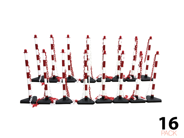 Poste con cadena Kit - Económico -, 16 postes incl. 25m Cadena de plástico (Rojo/Blanco)