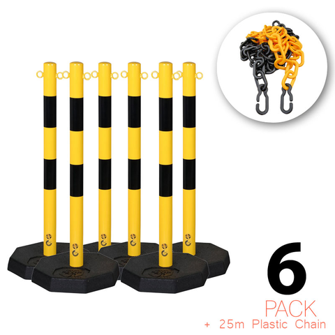 (6 Pack) - Flexibarrier Poste con cadena - acero - incluye 25m cadena de plástico (Negro/Amarillo)