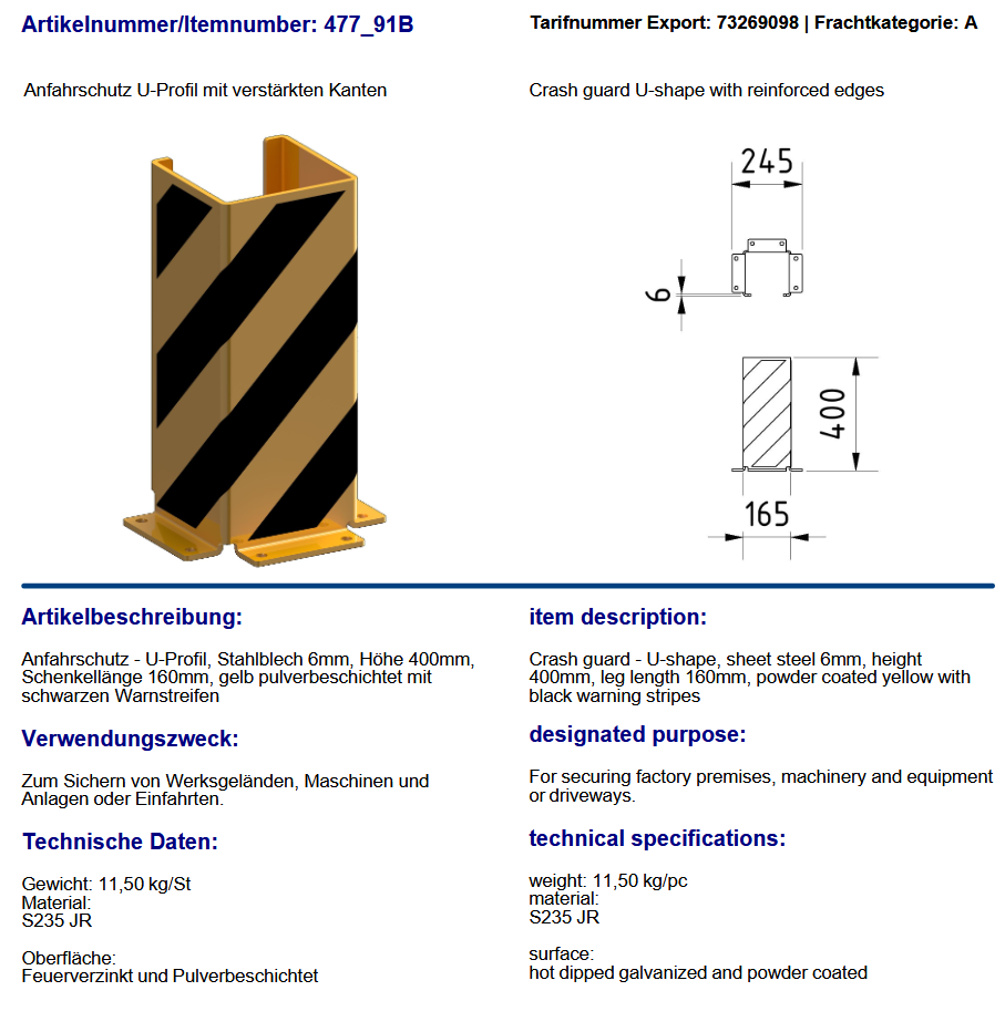 Protector de estanterías - Crash Guard - Forma de U con bordes reforzados
