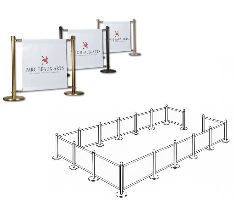 Flexibarrier Pack de barreras de café – configuración de 24 metros con banners personalizados impresos